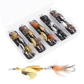 Ten-piece Trout Spinner Lures kit with five colors: gold, orange, blue, light brown, and red